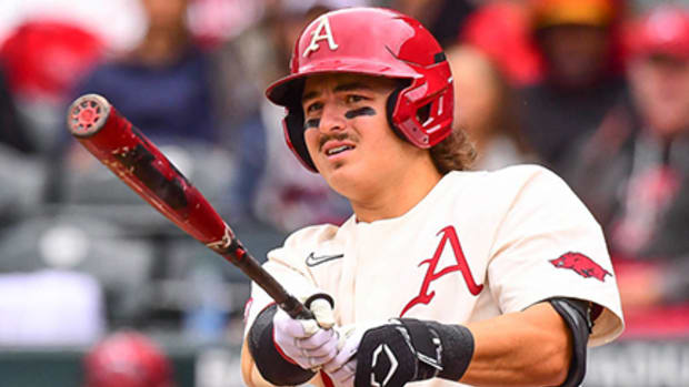 Arkansas hitter Caleb Cali watches a ball go foul against Texas A&M.